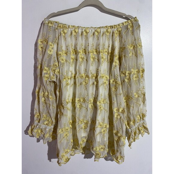 Skye's the Limit Tops - Cottagecore Top 2X Gold Floral Embroidered Peasant Sheer Mesh Skye's The Limit‎